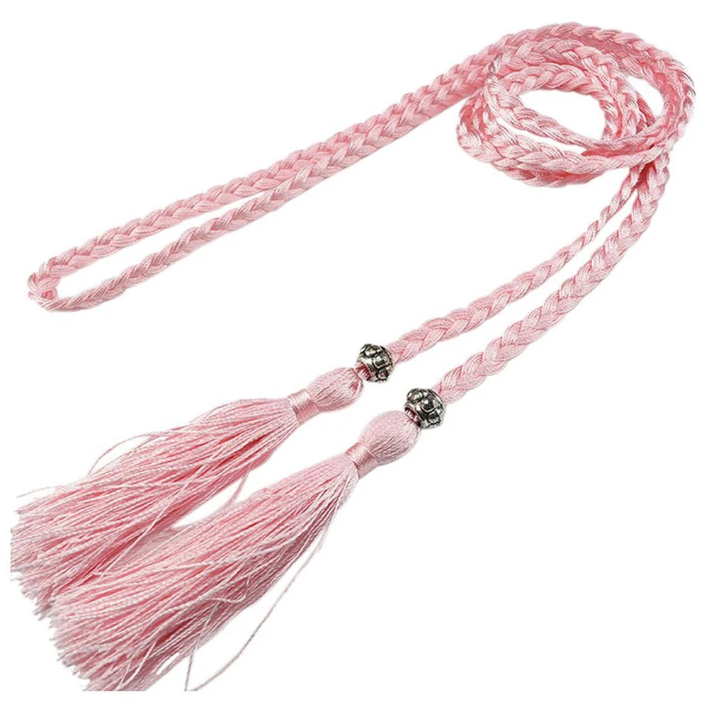 Thin Waist Rope Knit Belts Solid Color Braided Tassel Belt