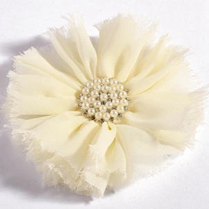 7.5cm Handmade Chic Shabby Chiffon Flower+Rhinestone Pearl Button Fabric Flowers