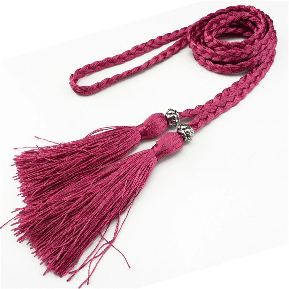 Thin Waist Rope Knit Belts Solid Color Braided Tassel Belt