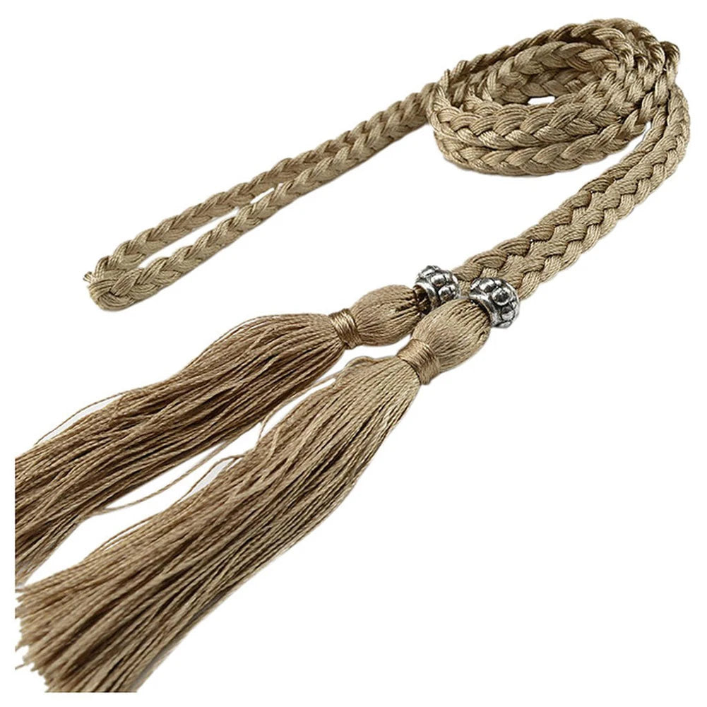 Thin Waist Rope Knit Belts Solid Color Braided Tassel Belt