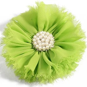 7.5cm Handmade Chic Shabby Chiffon Flower+Rhinestone Pearl Button Fabric Flowers