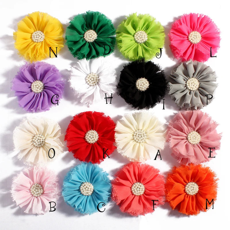 7.5cm Handmade Chic Shabby Chiffon Flower+Rhinestone Pearl Button Fabric Flowers