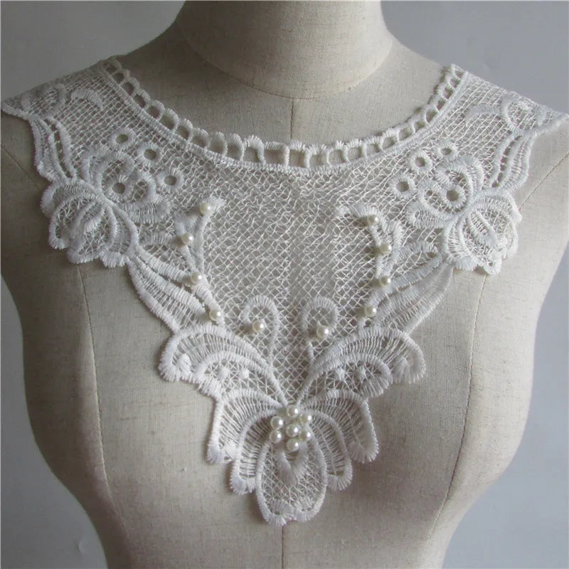 White ABS Pearl Embroidery Lace Neckline Collar Applique