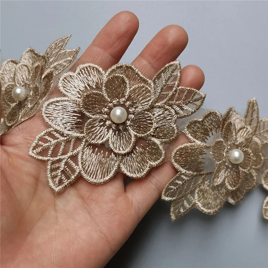 7.5cm*8cm Gold Pearl Flower Embroidered Lace Edge Trim Ribbon DIY Sewing Supplies Craft