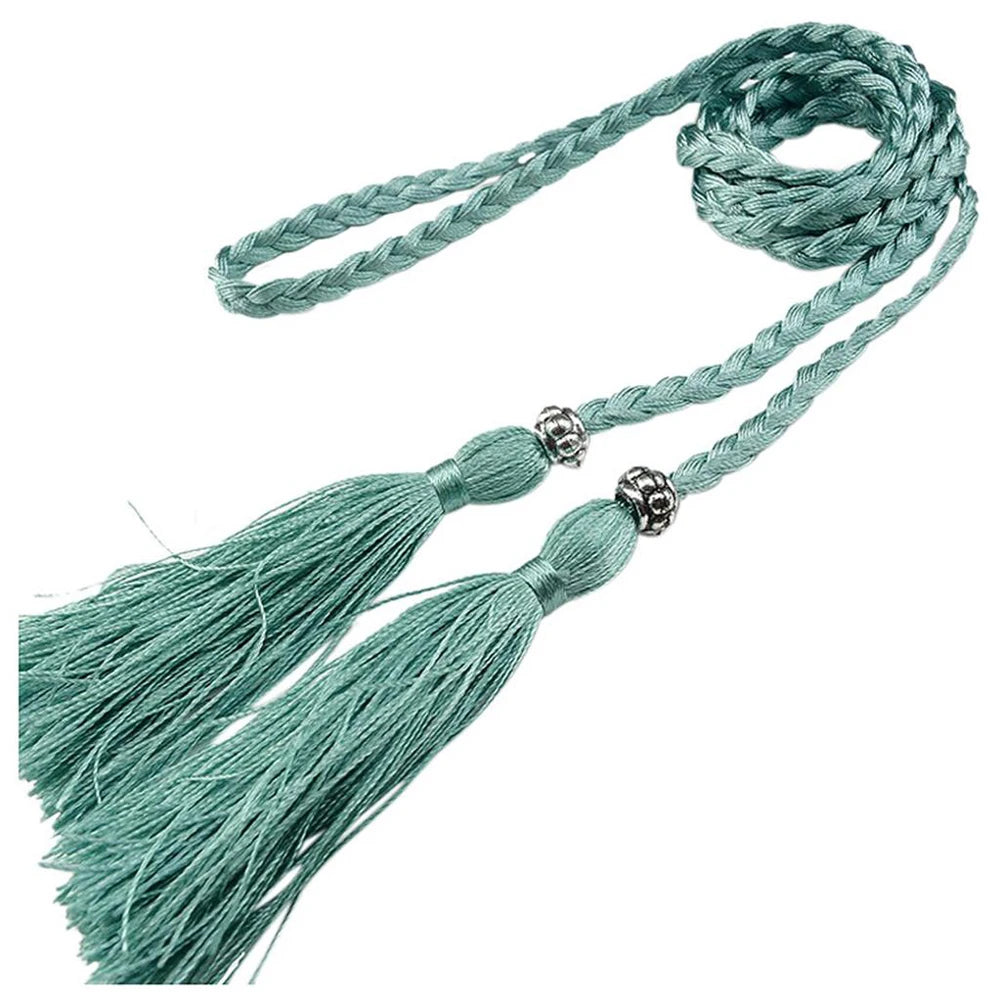 Thin Waist Rope Knit Belts Solid Color Braided Tassel Belt