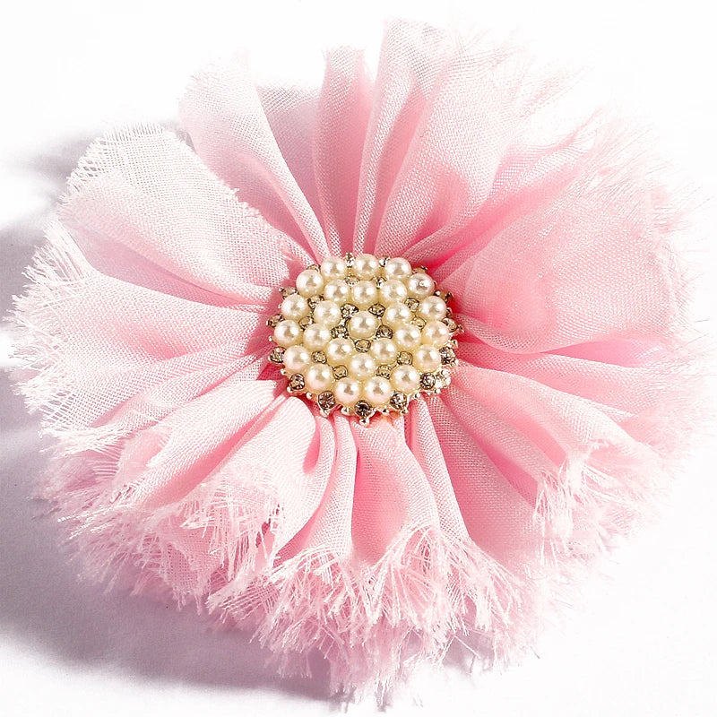 7.5cm Handmade Chic Shabby Chiffon Flower+Rhinestone Pearl Button Fabric Flowers