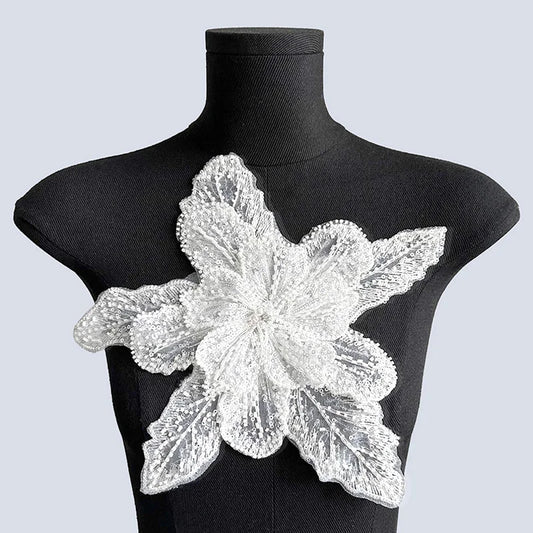 White Multi-layer Lace Sequin Studded 3D Flower Patch