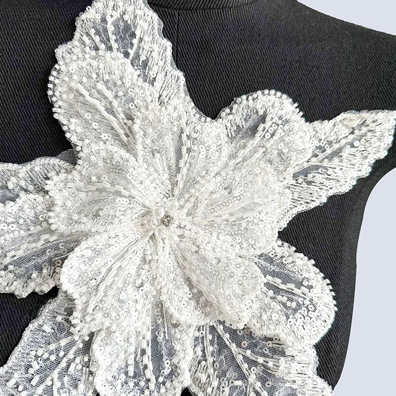 White Multi-layer Lace Sequin Studded 3D Flower Patch