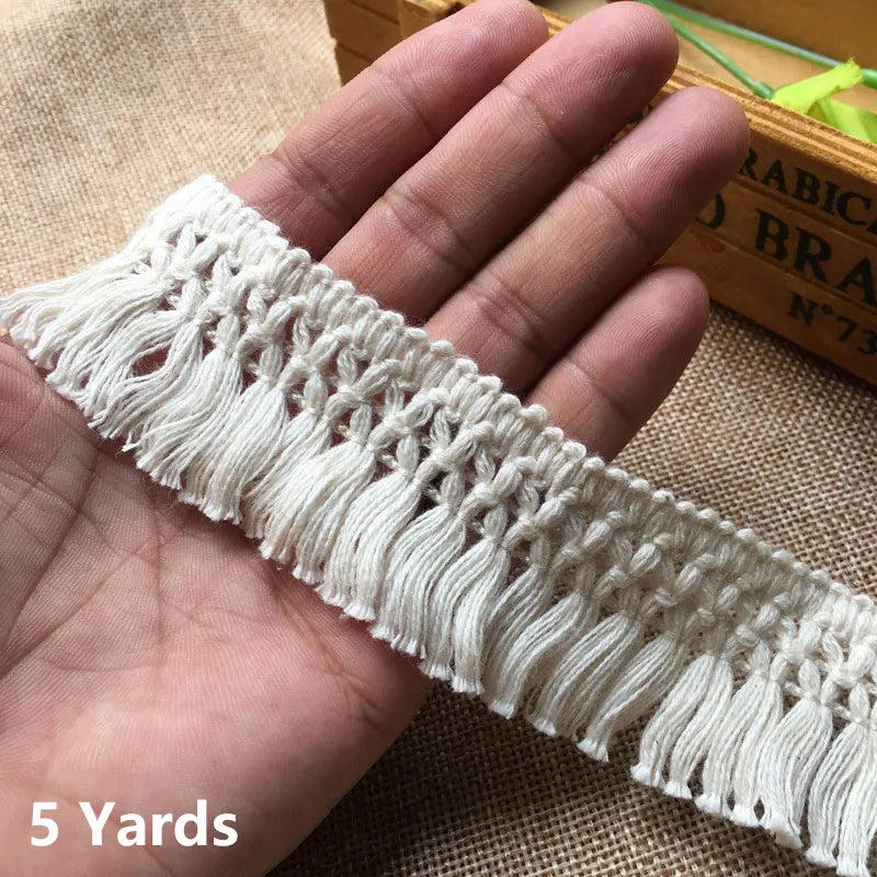 3.5cm Wide Lace Fabric Cotton White Weaved Ribbon Tassel Trim