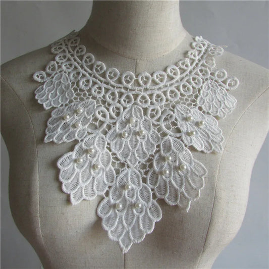 White ABS Pearl Embroidery Lace Neckline Collar Applique