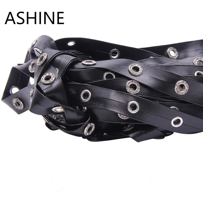 Leather PU Rivet Punk Hip Hop Leather Rope Webbing Tape  Eyelets And Grommets Ribbons