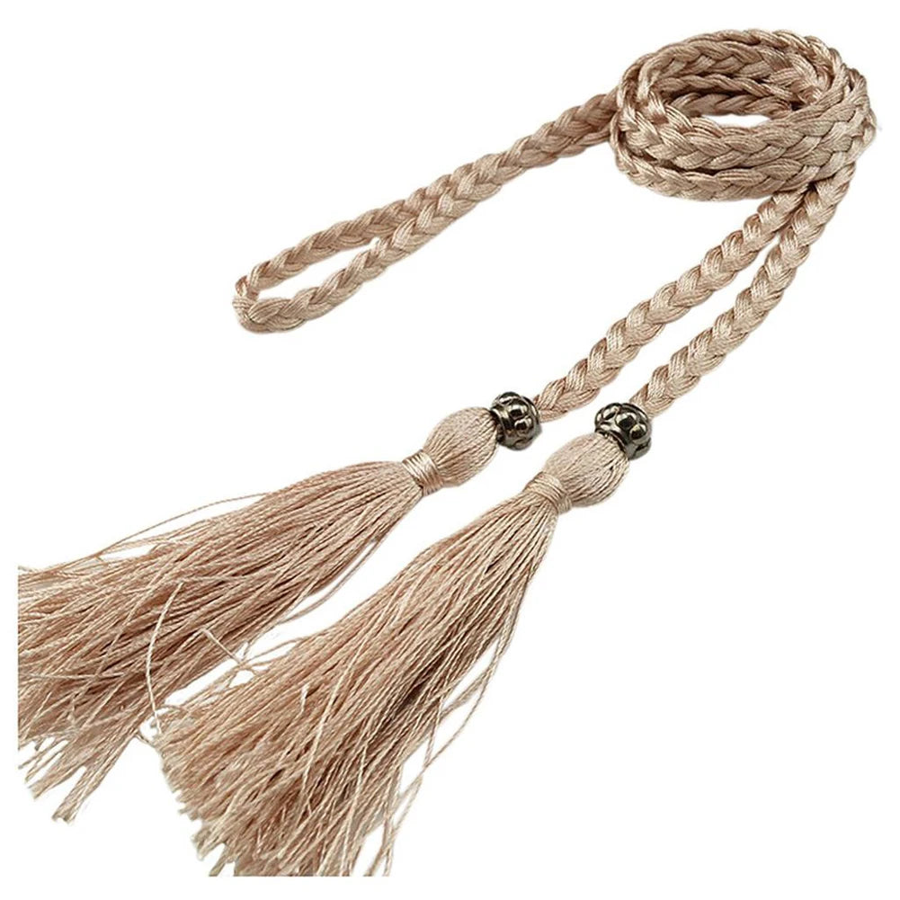 Thin Waist Rope Knit Belts Solid Color Braided Tassel Belt