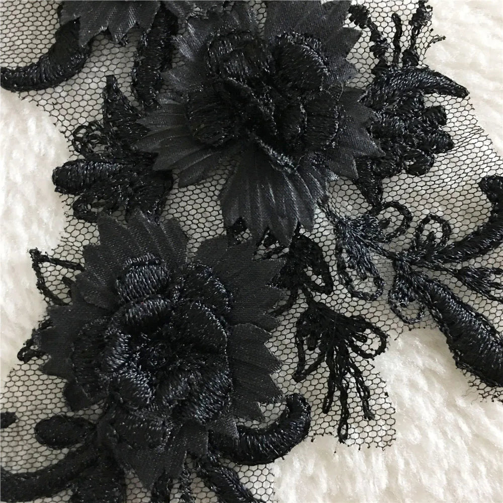 Black and white 3D three-dimensional flower embroidery lace garment applique