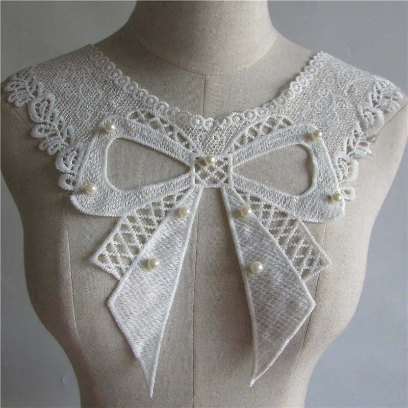 White ABS Pearl Embroidery Lace Neckline Collar Applique