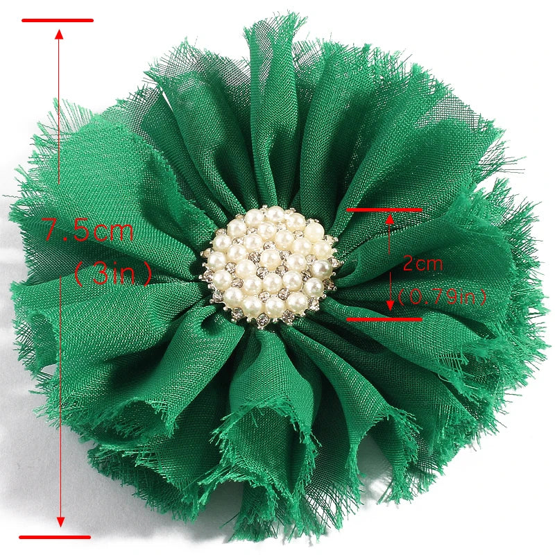 7.5cm Handmade Chic Shabby Chiffon Flower+Rhinestone Pearl Button Fabric Flowers