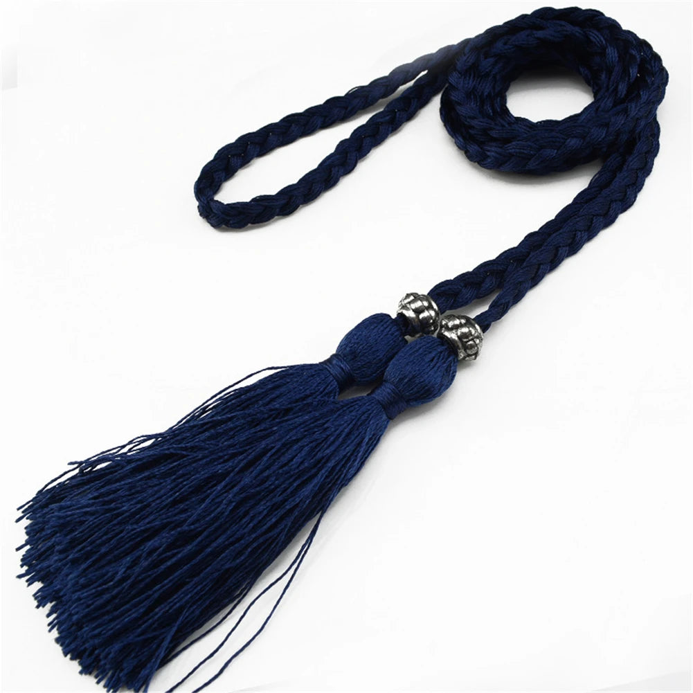 Thin Waist Rope Knit Belts Solid Color Braided Tassel Belt