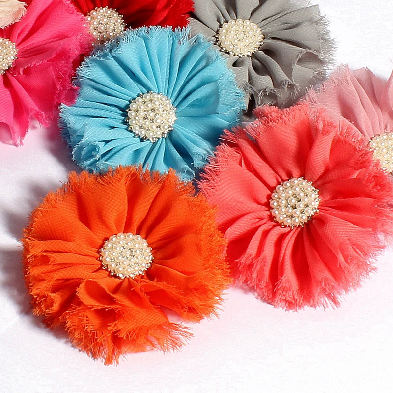 7.5cm Handmade Chic Shabby Chiffon Flower+Rhinestone Pearl Button Fabric Flowers