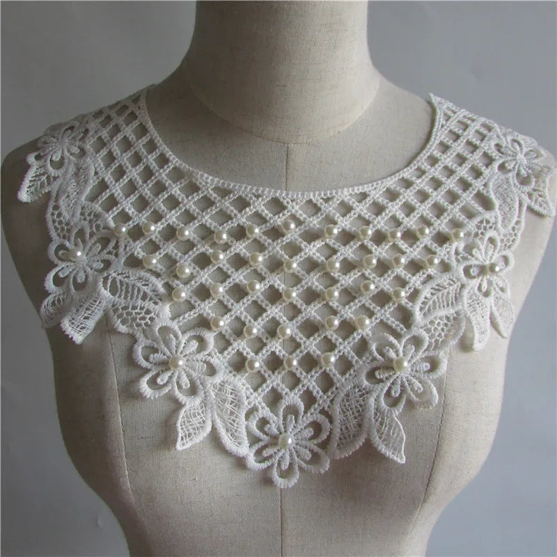 White ABS Pearl Embroidery Lace Neckline Collar Applique