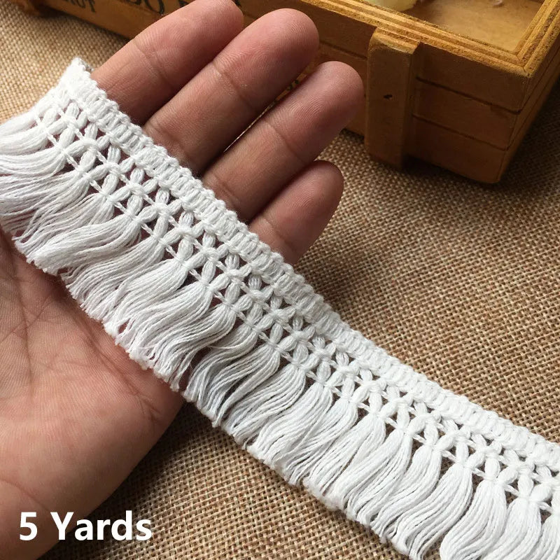 3.5cm Wide Lace Fabric Cotton White Weaved Ribbon Tassel Trim