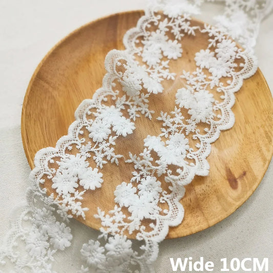 10CM Wide White Mesh Embroidered Flowers Guipure Lace Fabric Ribbon Collar Neckline Trim