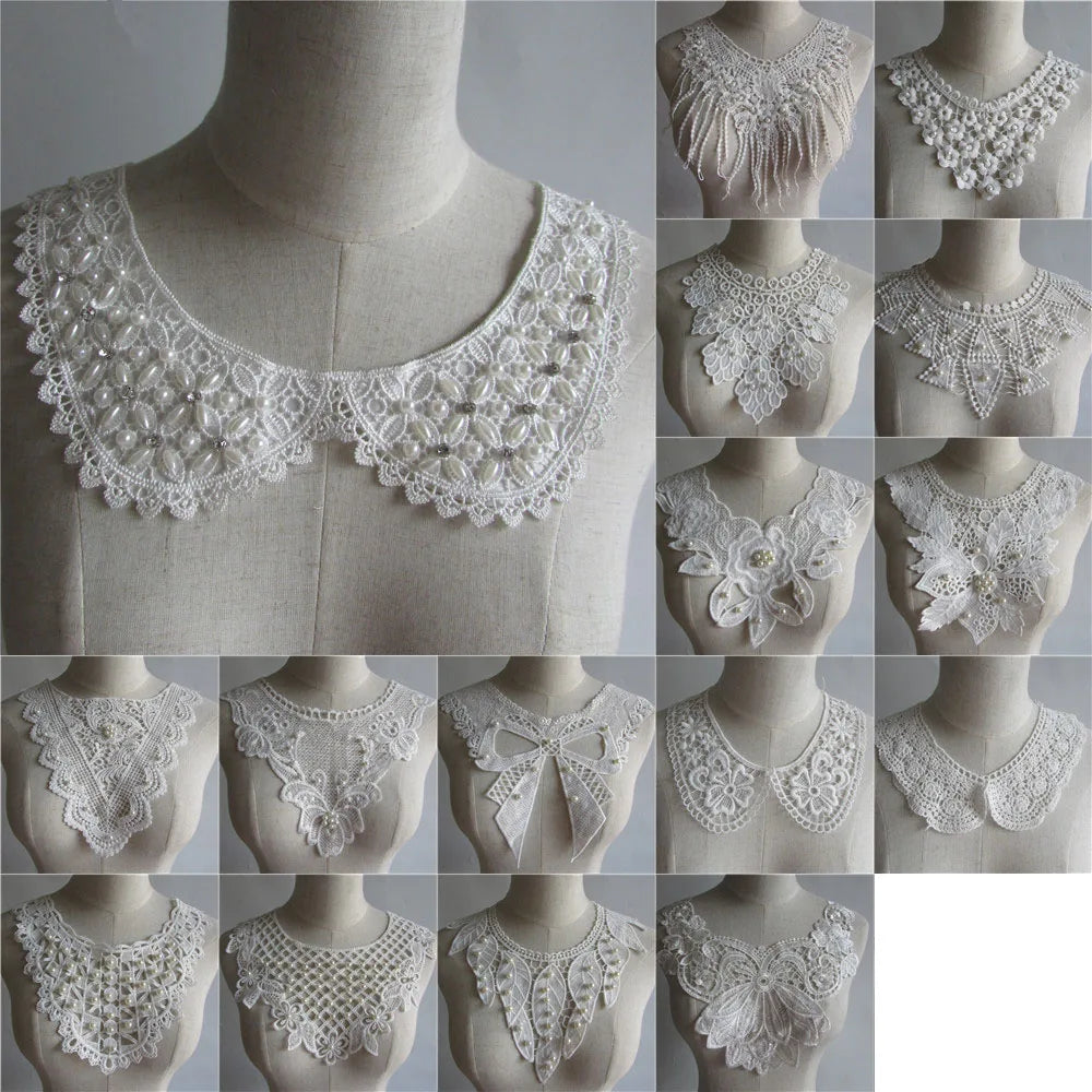 White ABS Pearl Embroidery Lace Neckline Collar Applique