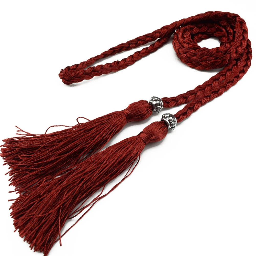 Thin Waist Rope Knit Belts Solid Color Braided Tassel Belt